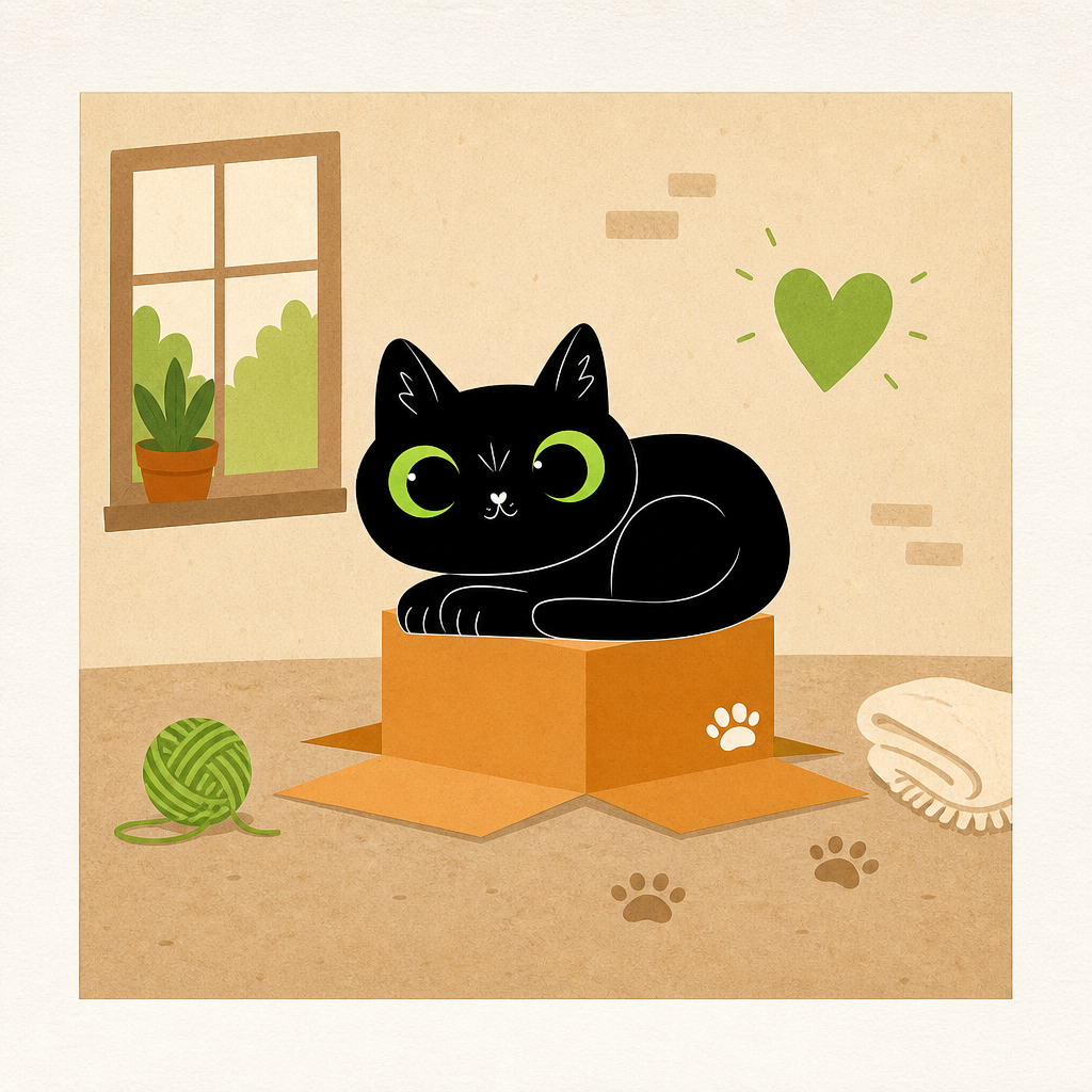 Gato negro del logo de La Casa de los Gatos en una caja, esperando adopción en un hogar